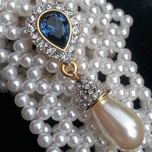 Swarovski Sapphire Blue Crystal Halo & Pearl Dangle Clip-on Earrings 1.75"